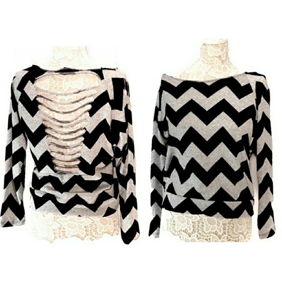 Ultra Flirt Tops - ULTRA FLIRT GRAY & BLACK CHEVRON CUT OUT BACK